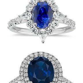 Two gemstone rings with halos around them.